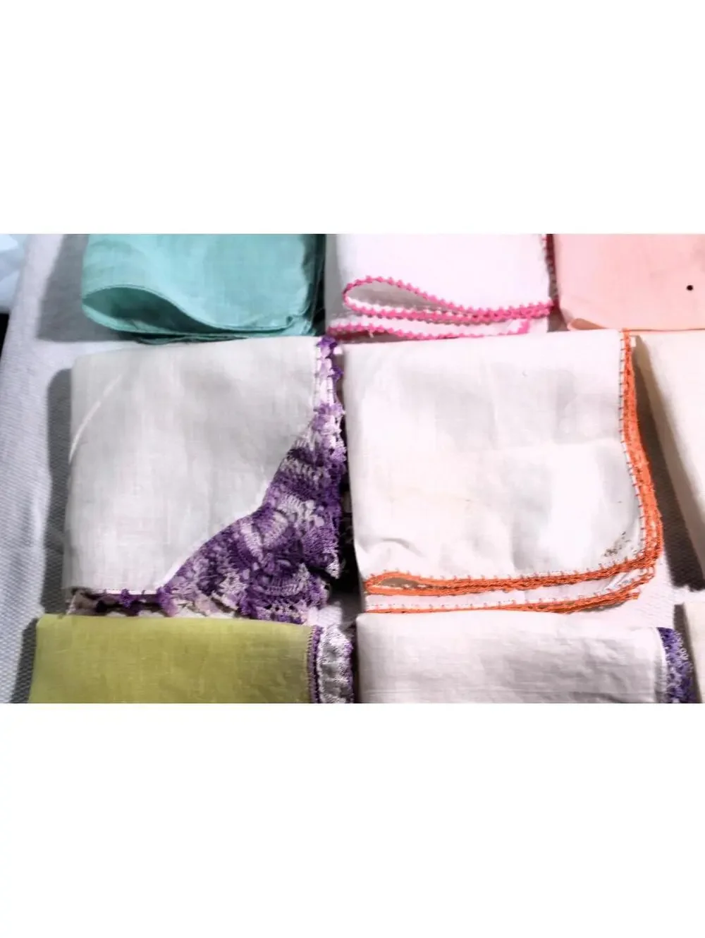 Lot of 9 Vintage Handkerchiefs With Crocheted Borders, Some Slightly Imperfect